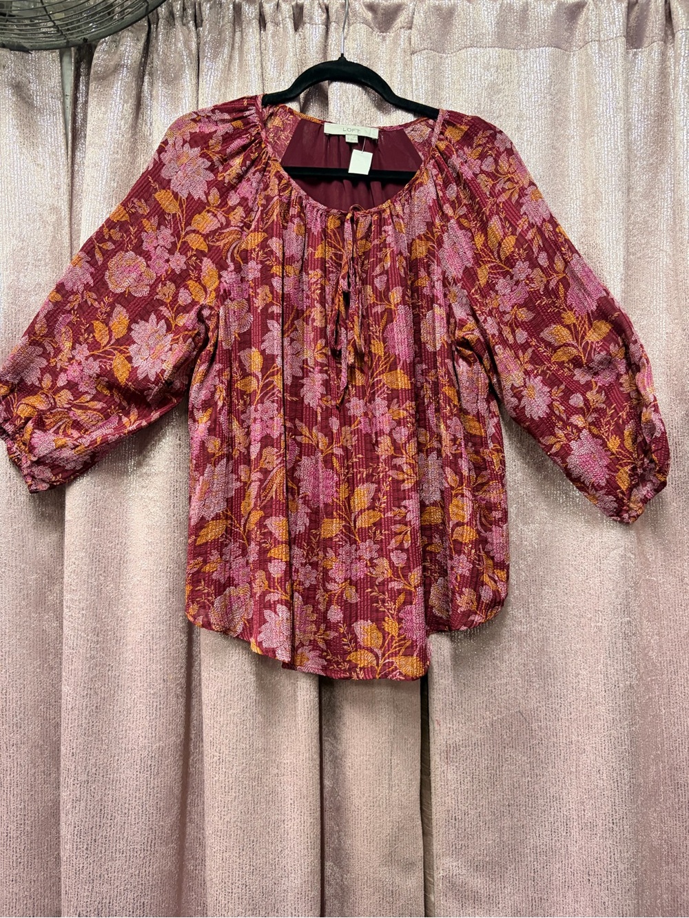 LOFT Burgundy Floral Pintuck Blouse with Pink and Mustard